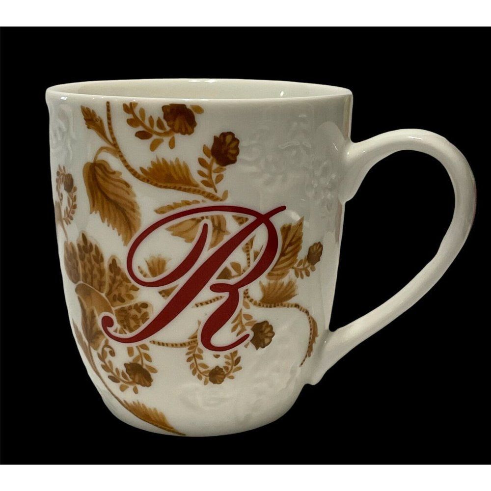 Pier 1 White Brown Floral Porcelain Initial R Ava Coffee Mug Tea Cup Embossed